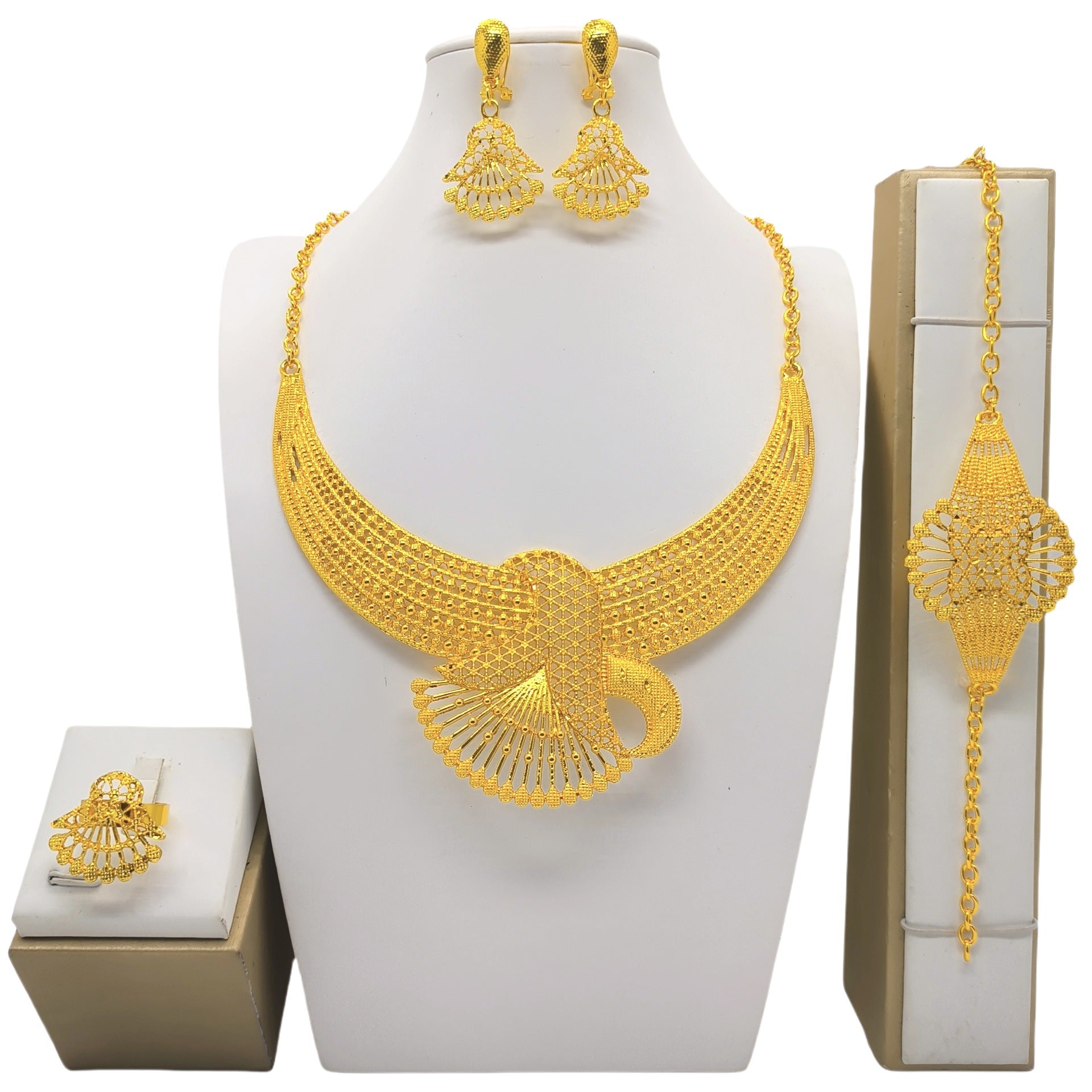 Juego de cuatro piezas de joyería de oro de 24 quilates: collar, pulsera, pendientes y anillo