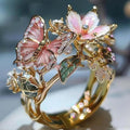 Anillo de mujer de mariposa y flor con aceite goteante, con incrustaciones de cristal 3D brillante, elegante, ajustable y transparente, chapado en oro, con diseño de animales e insectos, estilo estético, joyería de moda