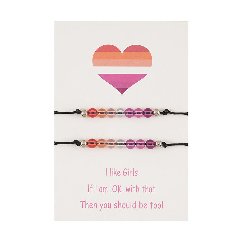 Pulsera de tarjeta para pareja bisexual con cuentas de colores, pulsera ajustable de bolas acrílicas tejidas para mujer