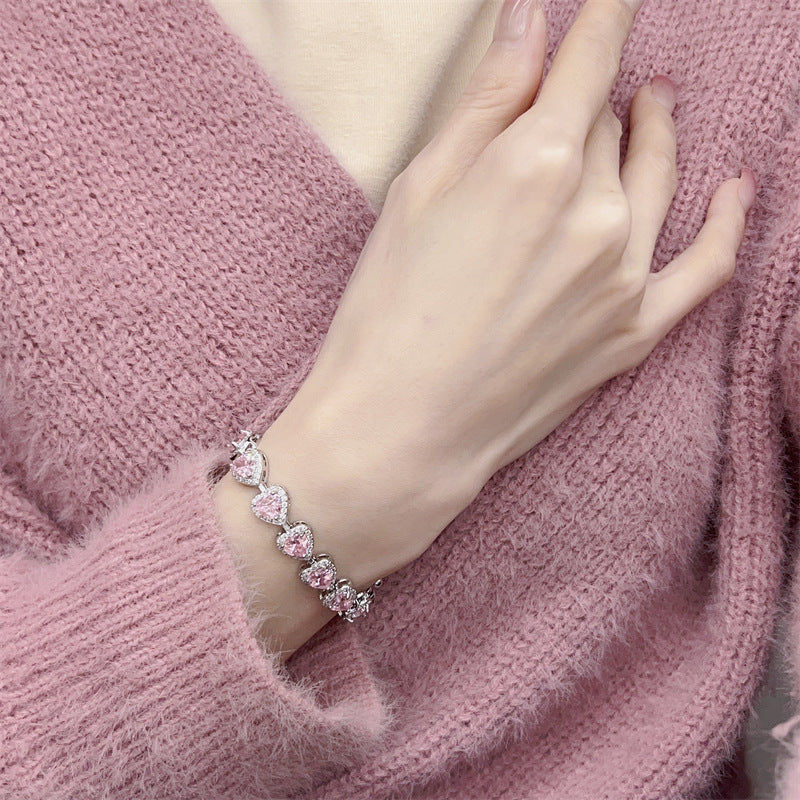 Peach Heart Full Rhinestone Zircon Bracelet For Women