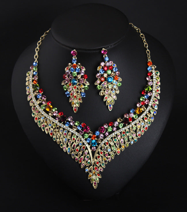 Full Rhinestone Color Clavicle Necklace Earrings Set Dress