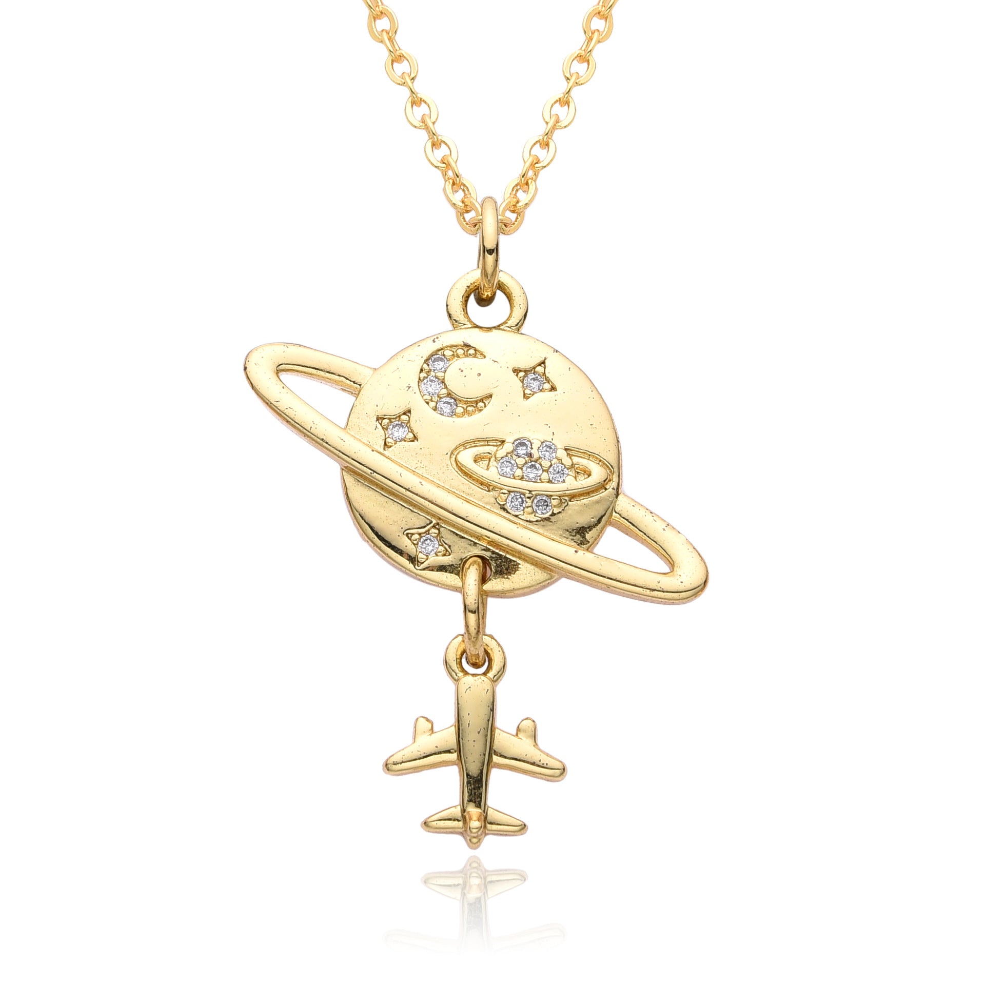 Copper Micro Inlay Color Zircon Personality Planet Pendant Plated 18K Gold Necklace