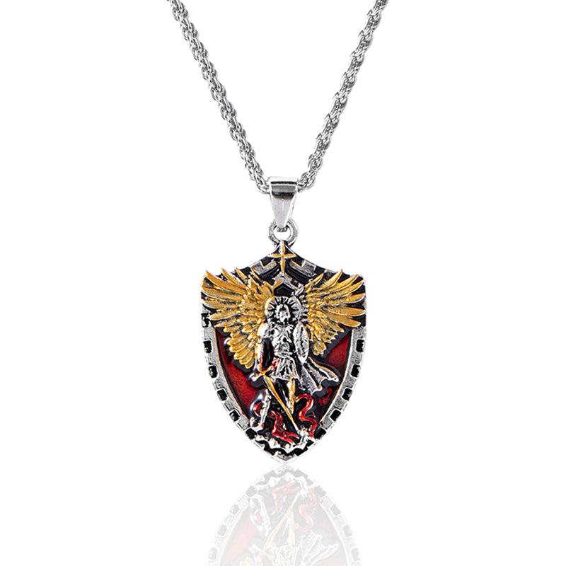 Christianischer Engel Michael Schild Anhänger Halskette Herren Vintage Kreuz Geflügelte Ritter Halsketten Religiöser Amulett Schmuck