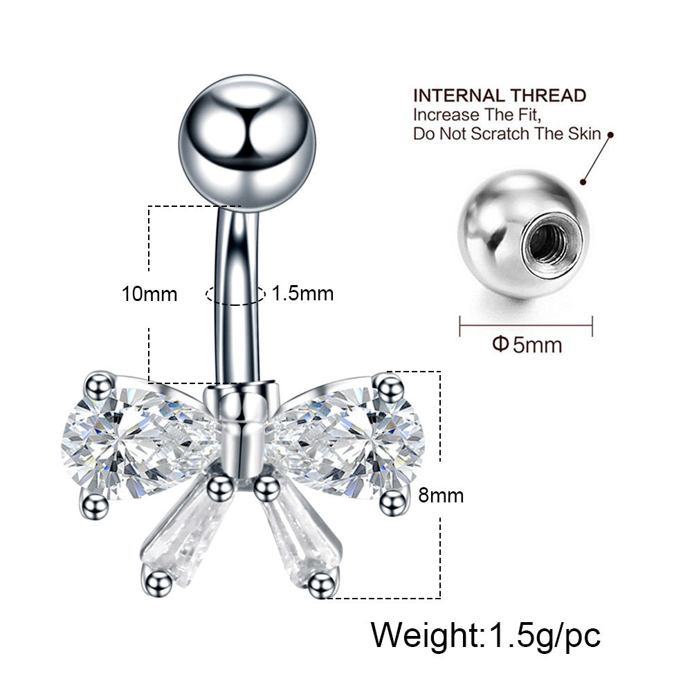 Pendiente de ombligo con incrustaciones de circón en forma de lazo, de acero inoxidable, para piercing corporal