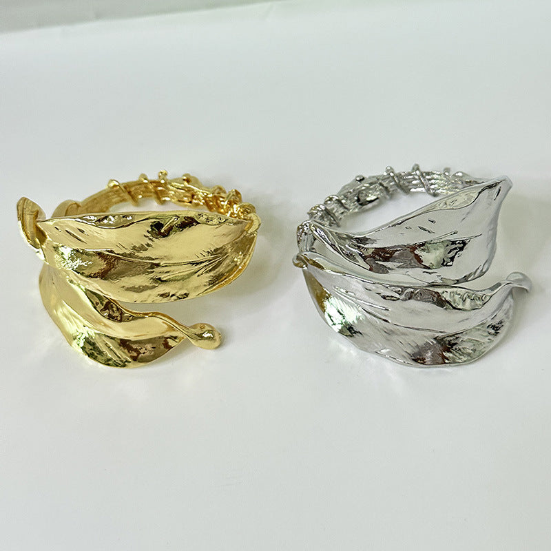 Niche Design Thorns Winding Metal Leaf Shape Open-ended Bracelet
