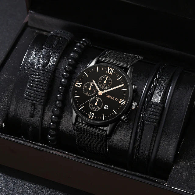Uhrenarmband-Set mit einzelnen Kalenderfälschungen, drei Augen und Canvas-Quarzuhr