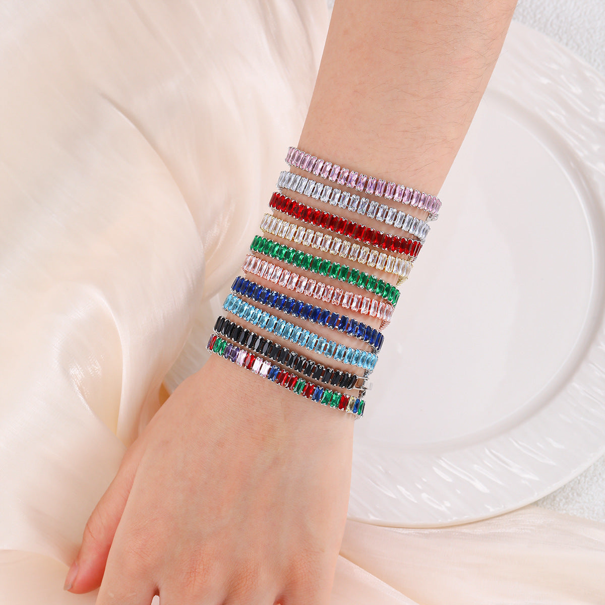 Rectangular Zircon Bracelet Extended Buckle Adjustable Length Tennis Chain