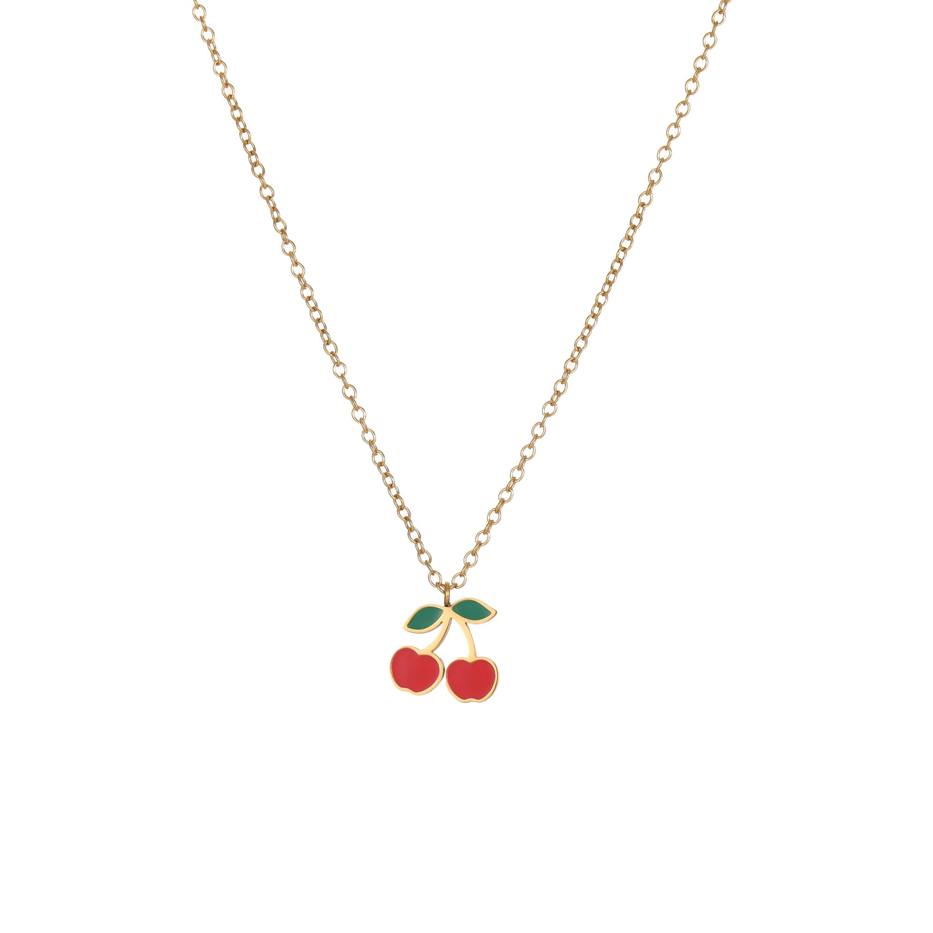 Collar con colgante de cereza, pulsera, pendientes de acero titanio y anillos