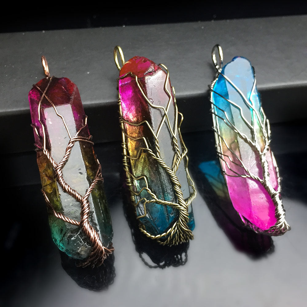 Naturstein-Anhänger 7 Chakra Regenbogen-Schmuck DIY Quarz Lebensbaum Reiki Heilanhänger Pendel Halskette Damen Herren1