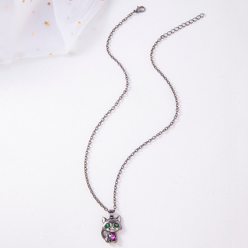 Collar de gato negro con colgante de gatito de corazón de diamantes de imitación rojos, azules, morados y blancos para suéter