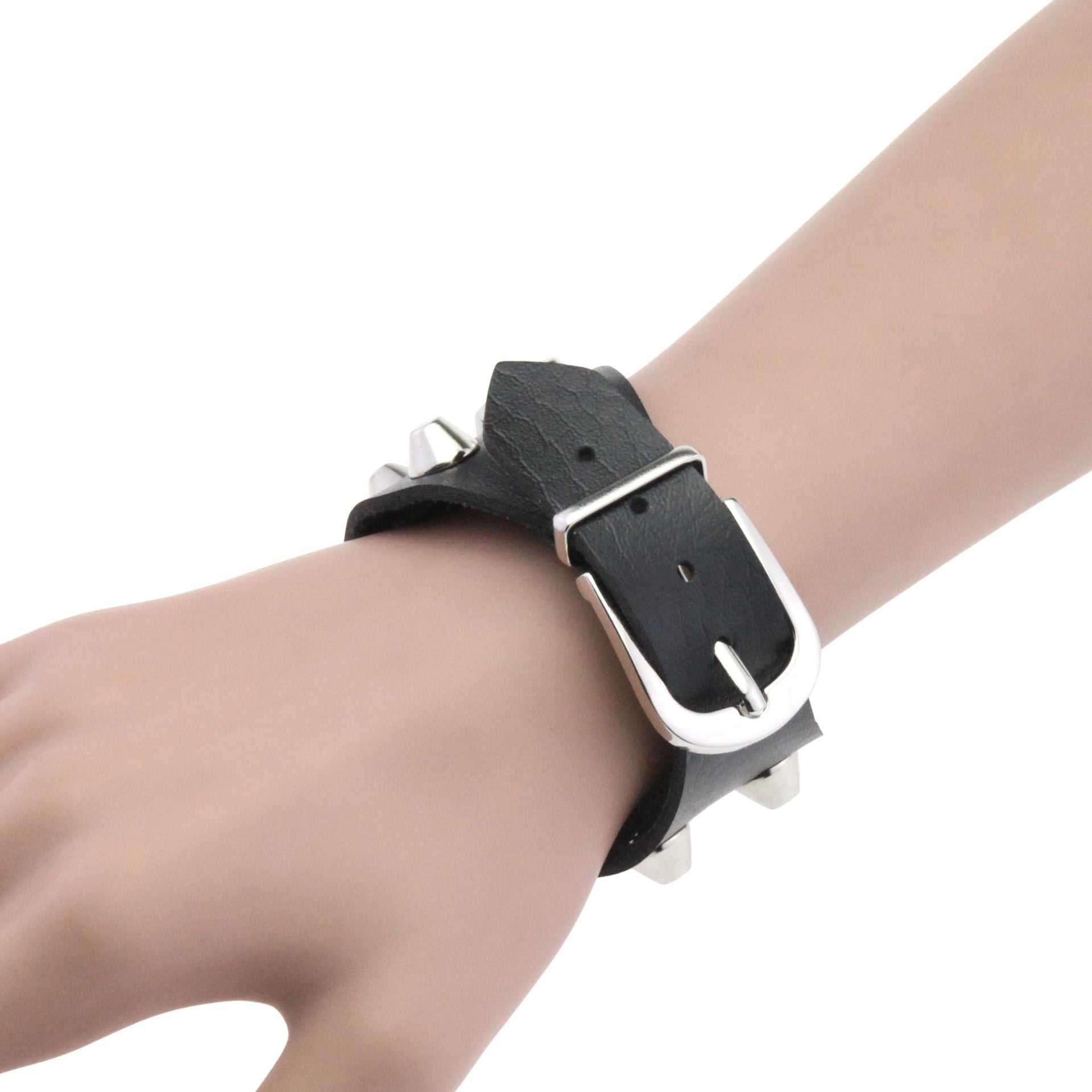 Metal Rock Double Row Flat Rivet Bracelet PU Bracelet
