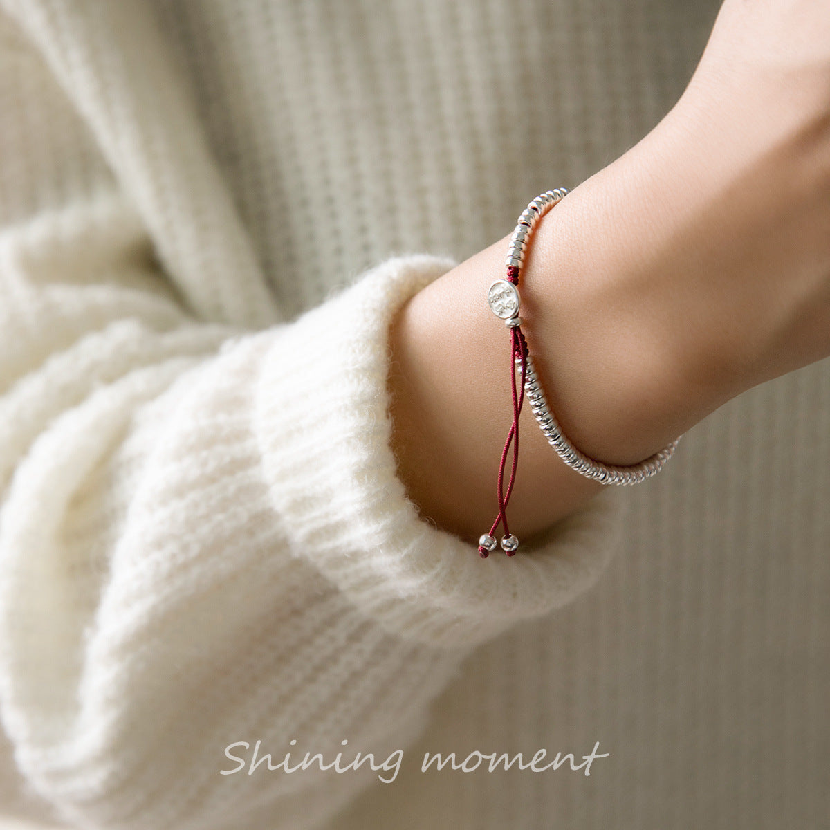 Sterling Silver Peace Happy Red Rope Light Bead Bracelet