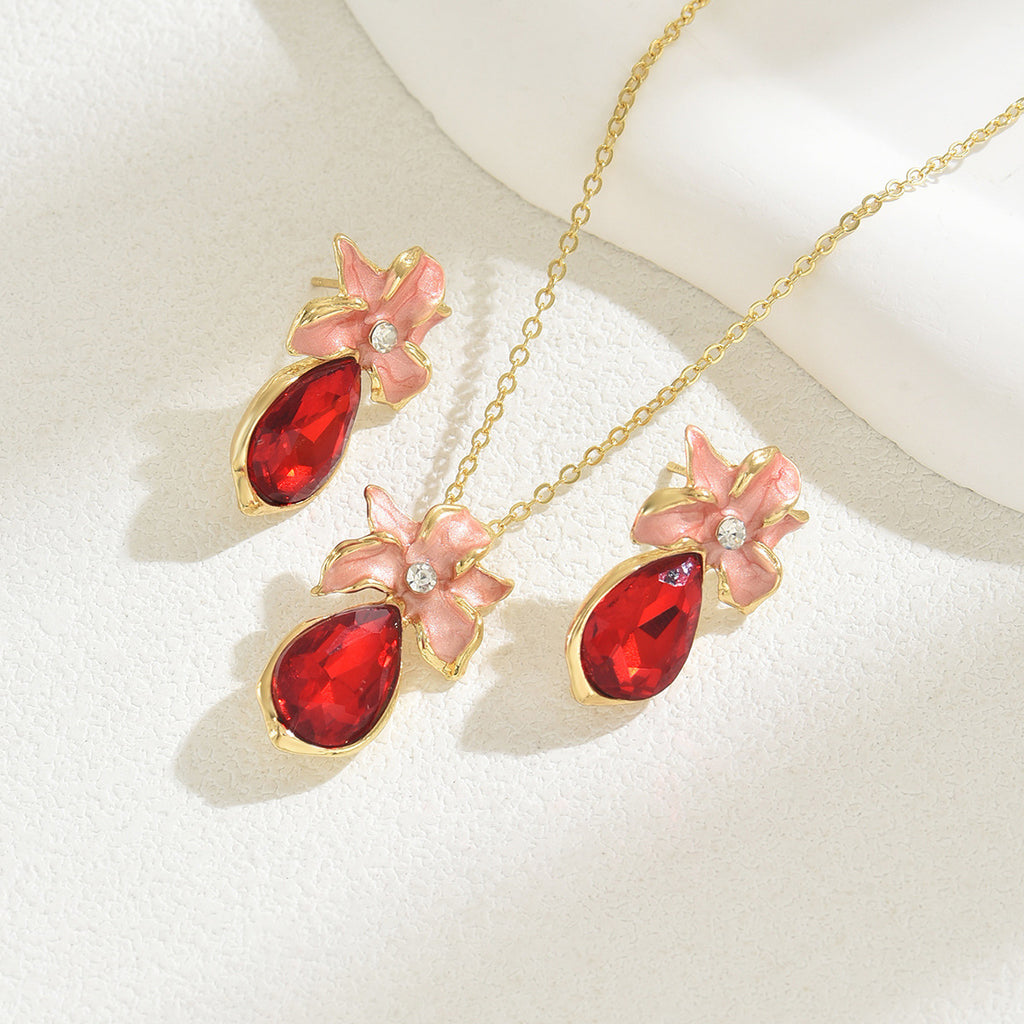Schmuck-Set mit Blumenkette und Ohrringen, eingelegt mit Zirkon