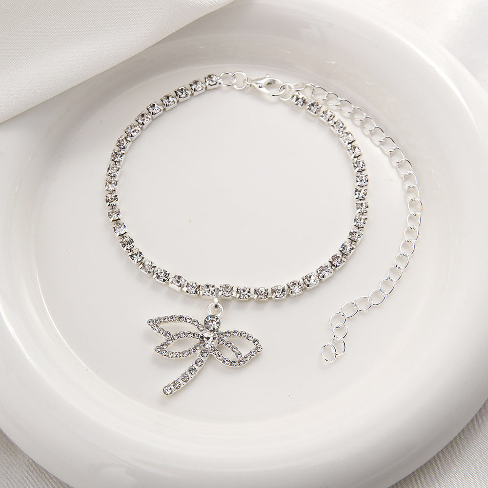 Novedosa Cadena de Tobillera de Diamantes de Imitación Brillante que Combina con Todo con Libélula Personalizada