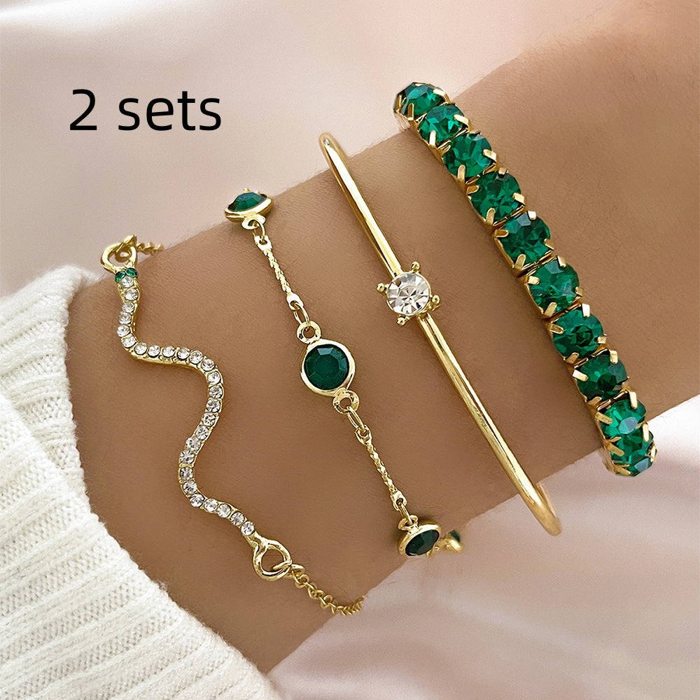 Fashion Green Grandmother Diamond Stretch Bracelet Women's 4-piece Set