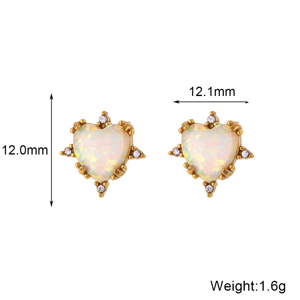 European And American Fashion Retro Popular Bracelet Ear Studs Stainless Steel Gold-plated Peach Heart Opal Necklace