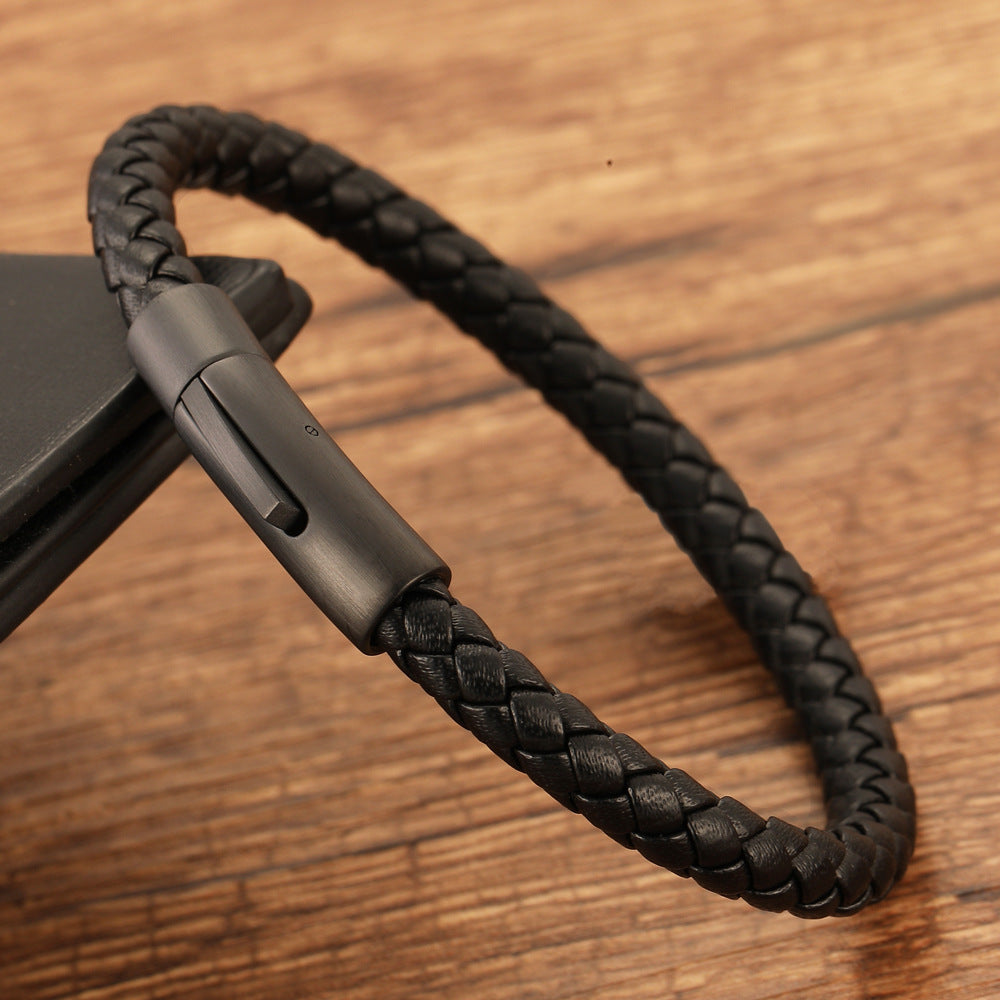 Woven Frosted Black Buckle Simple Leather Bracelet