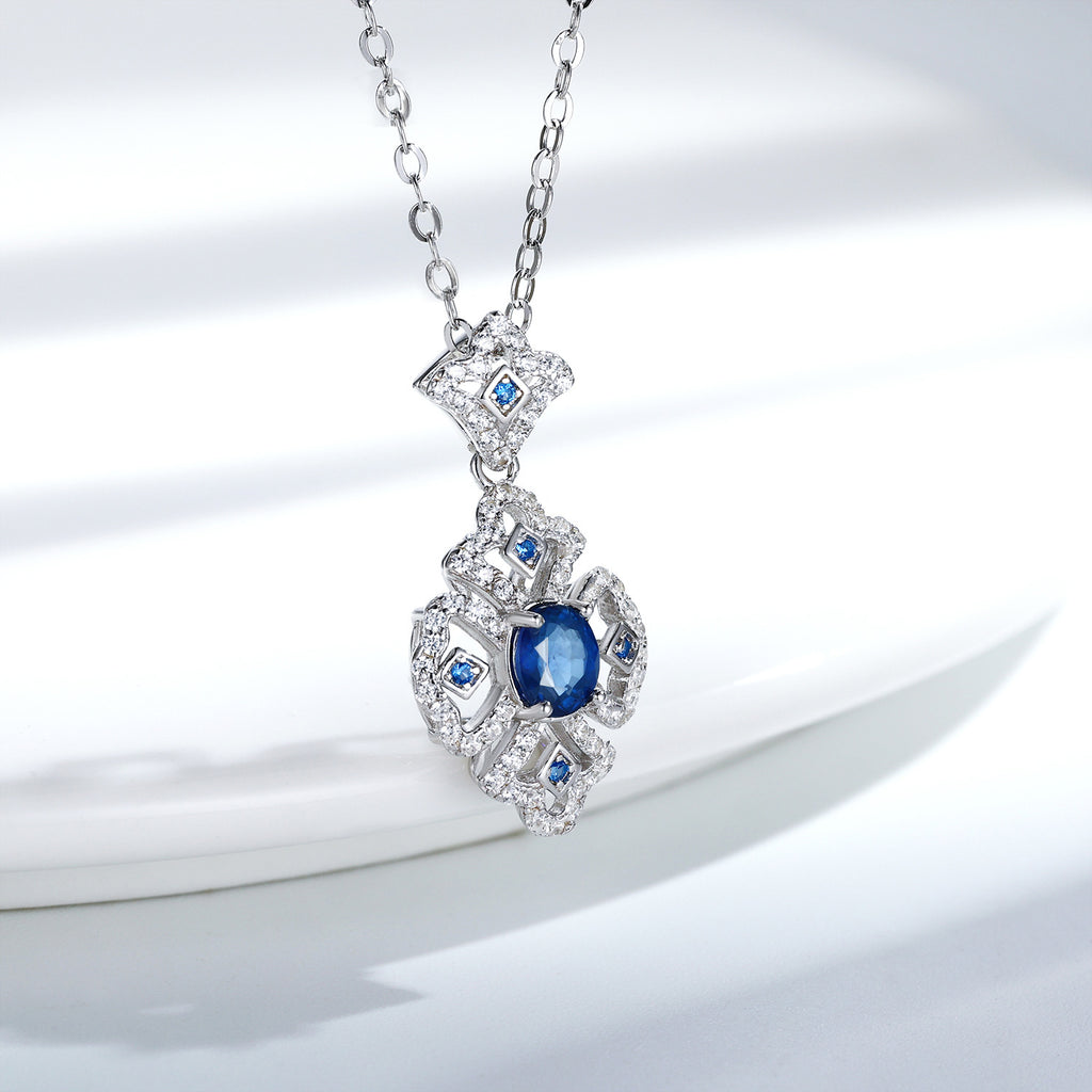 S925 Silber Retro Muster Halskette Damen Vielseitiger Natur Saphir Anhänger