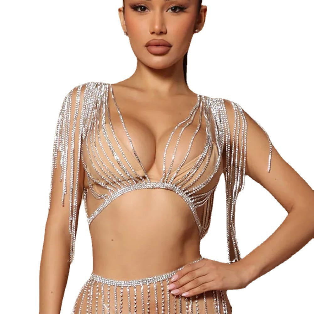 Nueva cadena de cuerpo de sujetador con diamantes de imitación en capas para mujer