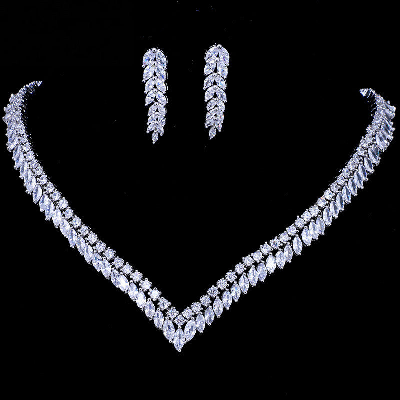 Brautschmuck Zirkon Blätter Halskette Ohrringe