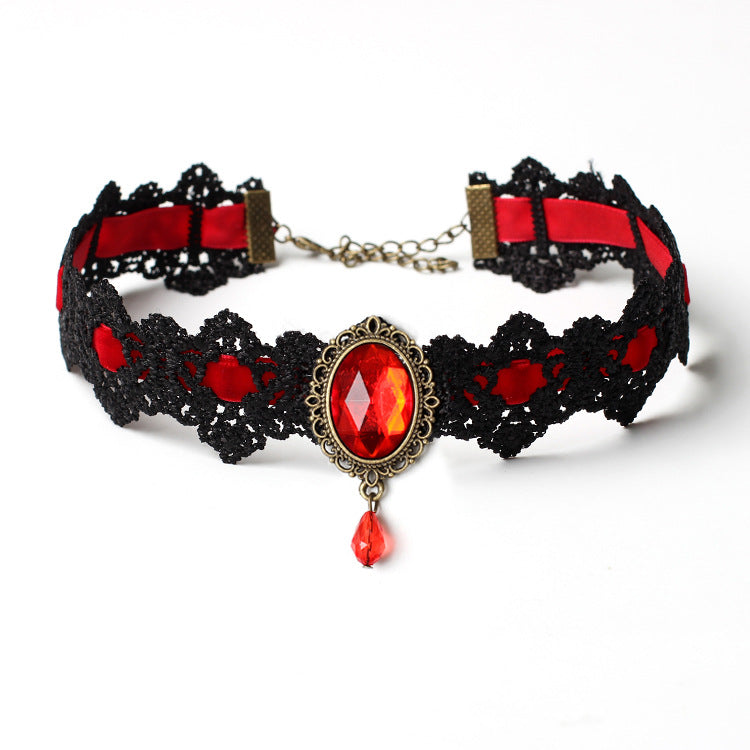 Halloween Kostüm Zubehör Set Siebenfarbige Halsketten Ethno-Stil Accessoires Gothic Choker Spitze Kragen Vintage Edelstein Schlüsselbeinkette