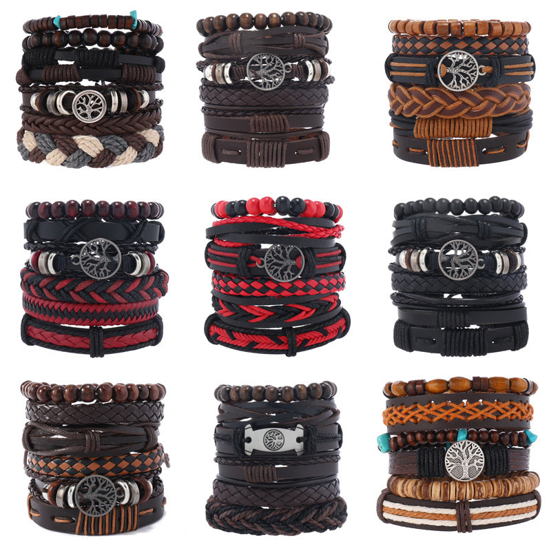 European And American Men's Vintage Weave Multi-layer Leather Bracelet Lucky Tree Series Six-piece Set