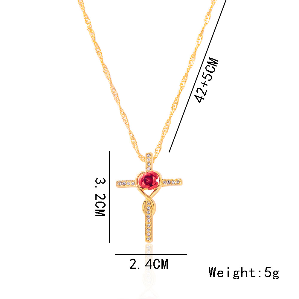Mode Rose Blume Kreuz Halskette Gold Kristall Unendlichkeit Anka Anhänger Halsketten für Frauen Religiöser Schmuck