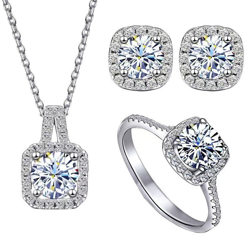 Quadratische Tasche Diamant-Halskette Ringe Ohrstecker Set