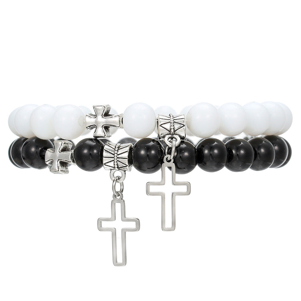 Pulsera de la amistad con cruz para parejas, pulsera de cuentas de vidrio para mujer