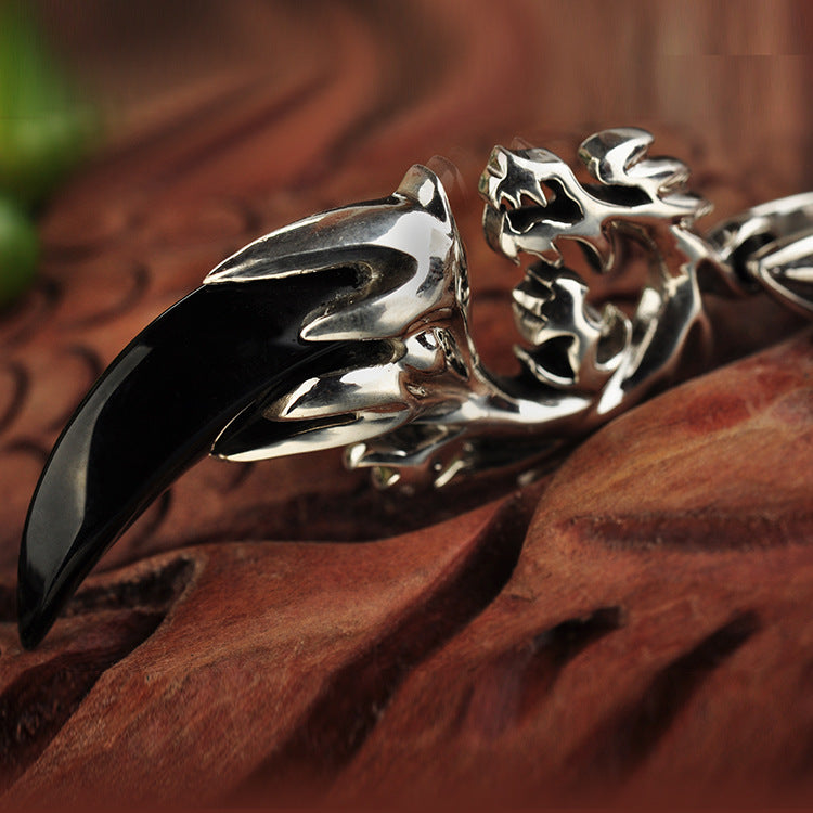 Kleiner schwarzer Silberschmuck Großhandel 925 Sterling Silber Ornament Schwarzer Achat Halbmondhahn Herrenmode Power Stil Personalisierter Anhänger