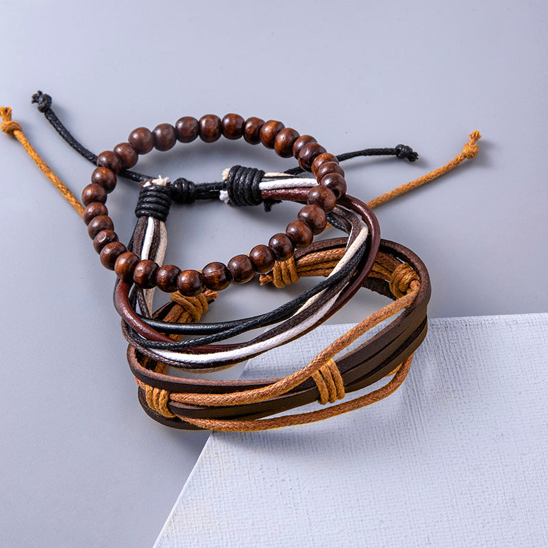 Pulseras ajustables de cuero multicapa vintage para mujeres y hombres, pulseras étnicas con cuentas de madera