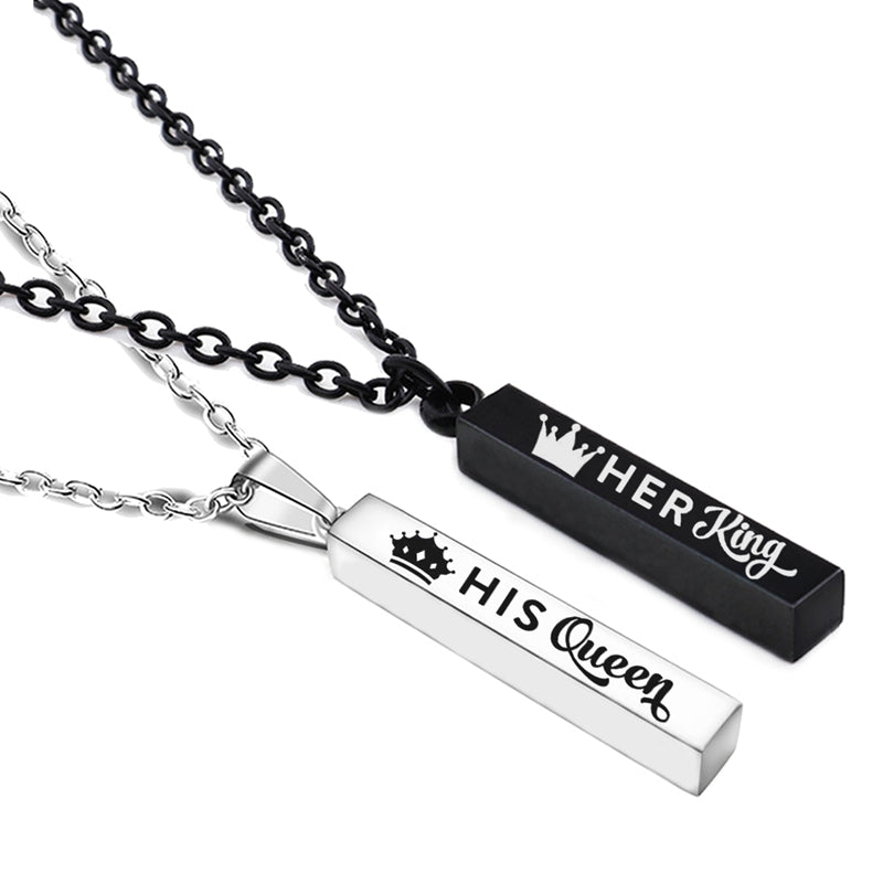 Trendy Crown Her King His Queen Bar Pendant Couple Necklace Rectangle Wishing Pillar Necklaces For Lovers