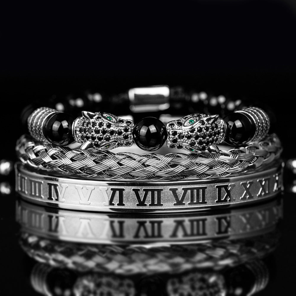 Men's Black Double Leopard Head Braided Stainless Steel Roman Numeral Bracelet Suit