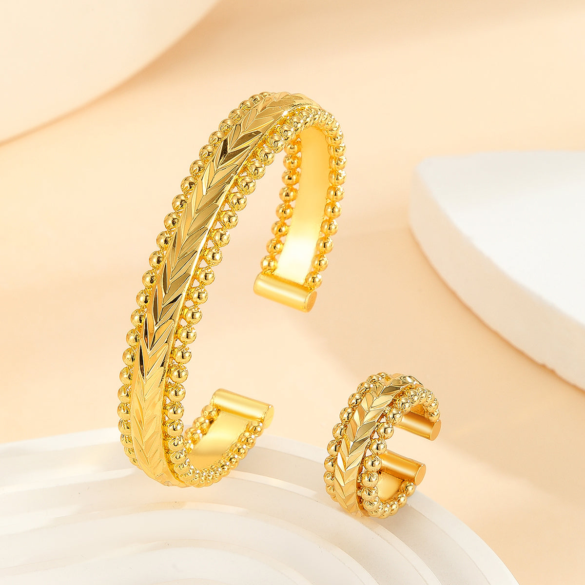 2 pulseras vintage chapadas en oro, brazalete abierto con anillo, conjunto de joyas para mujer para bodas y festivales
