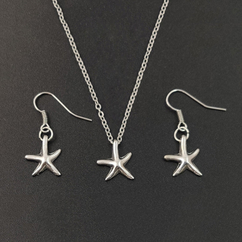 Süße kleine Seestern-Anhänger-Halskette Ohrringe für Frauen Mädchen Mode Silber Seestern Pentagramm Charms Schmuckset