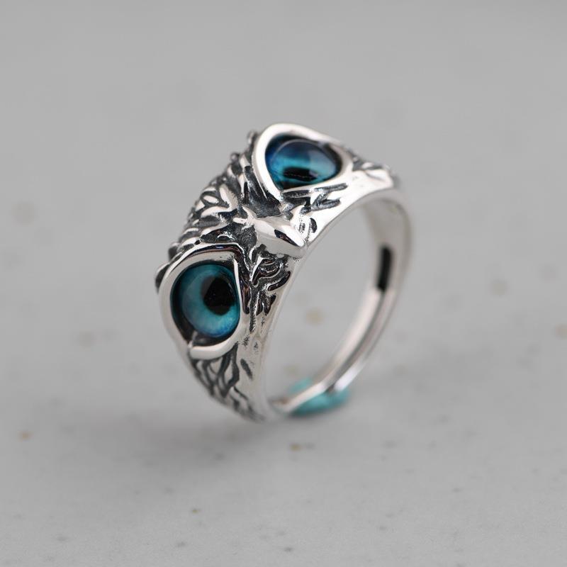 Anillo de búho con ojo de demonio vintage a la moda para mujer, anillo de animales retro, joyería de color plateado