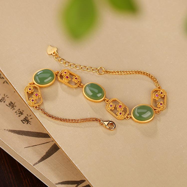 Pulsera de Fideos de Jaspe Natural S925 Plata de Ley Chapada en Oro Ciruela Hueca