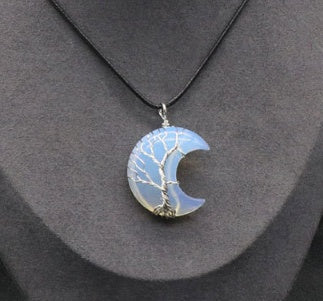Mond umwickelter Anhänger Rosa Kristall Obsidian Weißer Kristall Opal Lederband Halskette