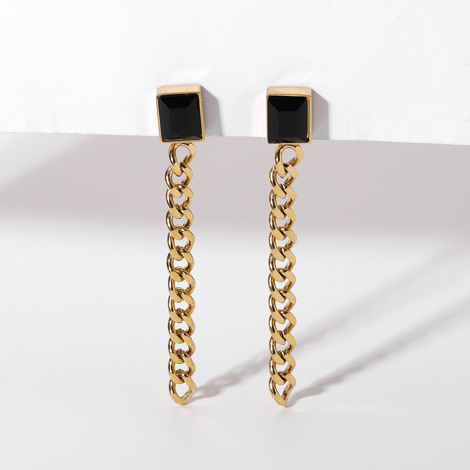 Pendientes de cadena cubana con colgante de gema negra de acero inoxidable para mujer, aretes de joyería