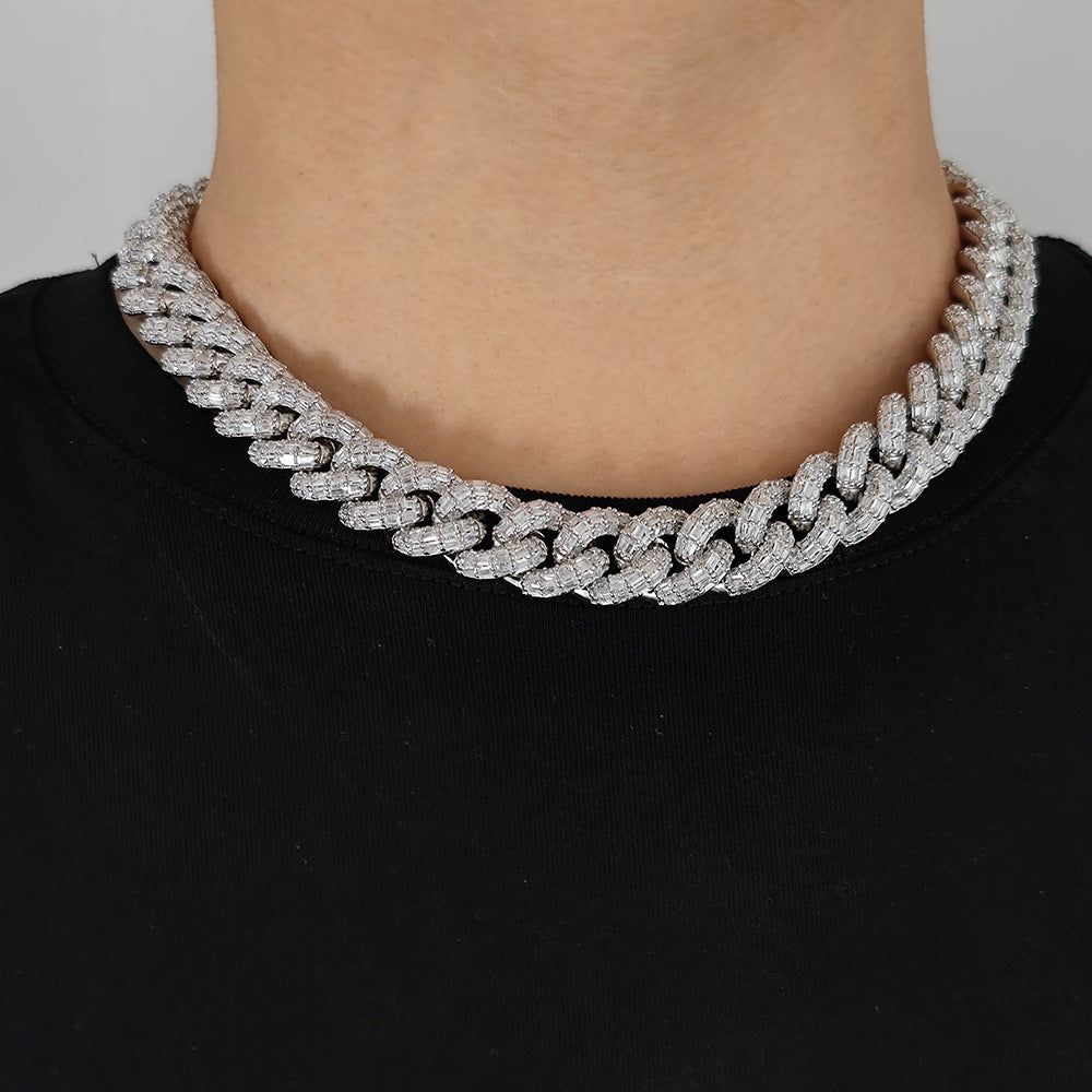 Hip Hop 15mm Dreireihige T-Square Cuban Kette Echt Vergoldet