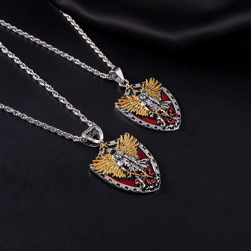 Christianischer Engel Michael Schild Anhänger Halskette Herren Vintage Kreuz Geflügelte Ritter Halsketten Religiöser Amulett Schmuck