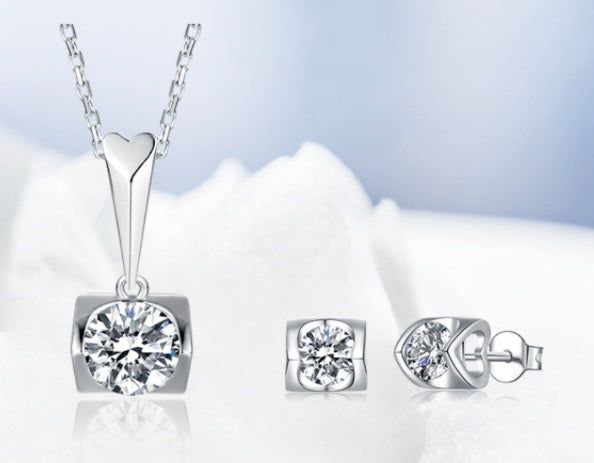 S925 Sterling Silber eingelegter Moissanit Ohrstecker Halskette zweiteiliges Set