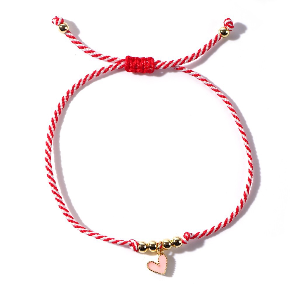 Pulsera de Cobre con Cuentas de Cobre Gota de Aceite, Corazón de Melocotón Rojo y Blanco con Cuerda