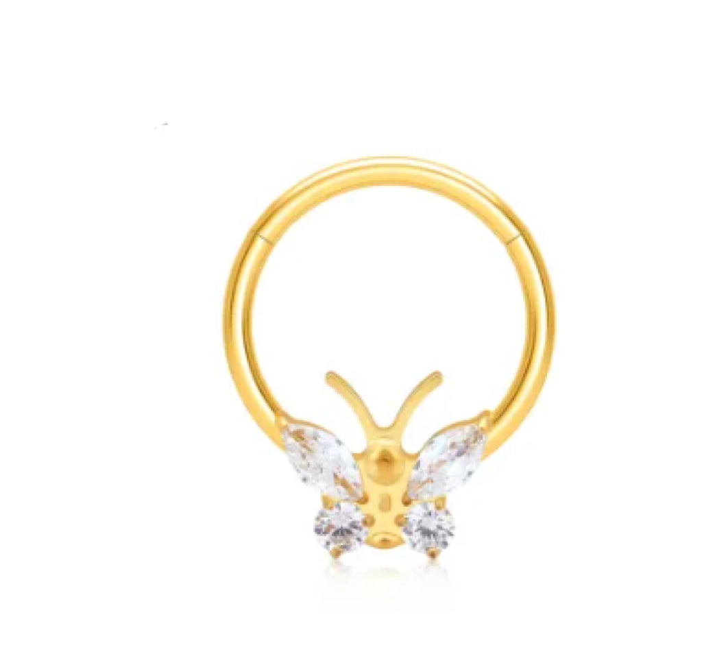 Pendiente de nariz con anillo cerrado con incrustaciones de mariposa de circonita de moda, pendientes de tuerca, aleación de titanio, accesorios para perforaciones corporales.