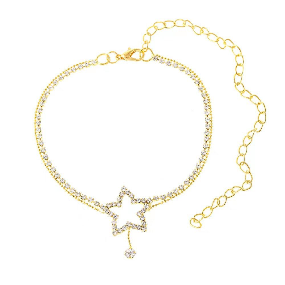 Collar y tobillera con diseño de corazón de estrella de cinco puntas con diamantes de imitación para mujer