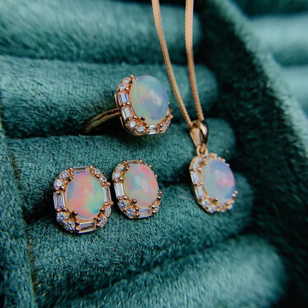 925 Plata Incrustada Ópalo Natural Conjunto Colgante Anillo Joyas Regalos Femeninos Para Novia Suministro en Vivo