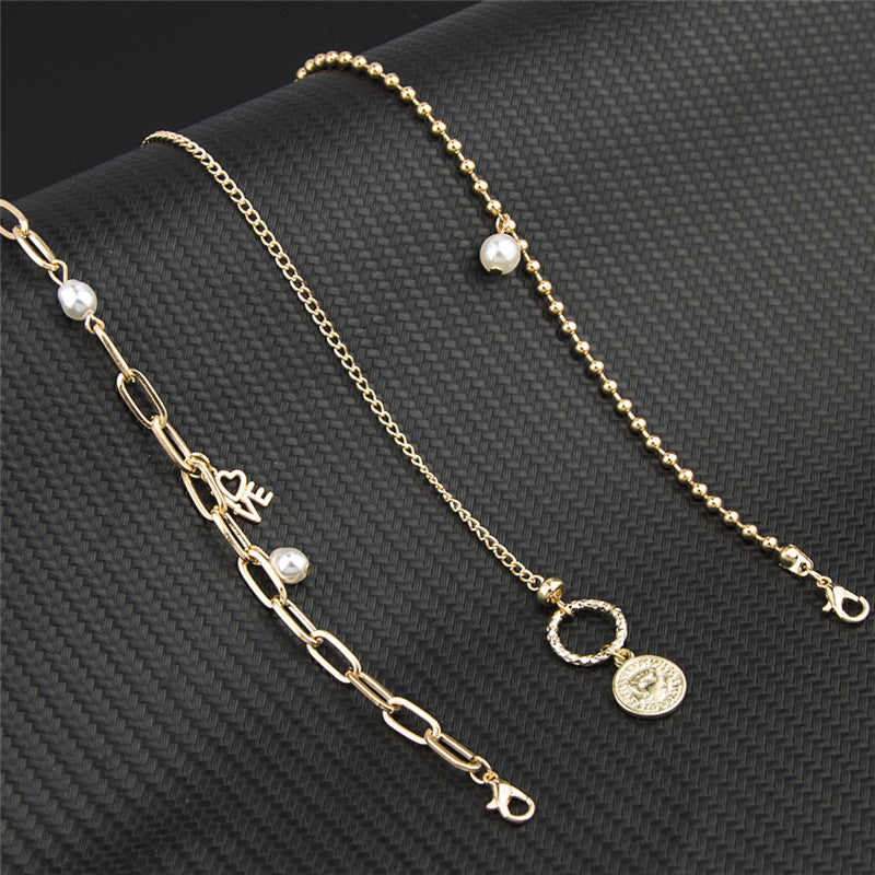 Armband Set Ins Design Nische Perle Liebe Münze Schmuck Damen 3-teiliges Set