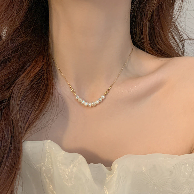 Titanium Steel Oval Freshwater Pearl Necklace Necklace Women's Gold Silk Clavicle Chain