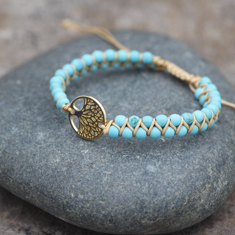 Modisches geflochtenes doppellagiges türkises Armband im böhmischen Ethno-Stil mit Lebensbaum, verstellbares Yoga-Armband für Damen