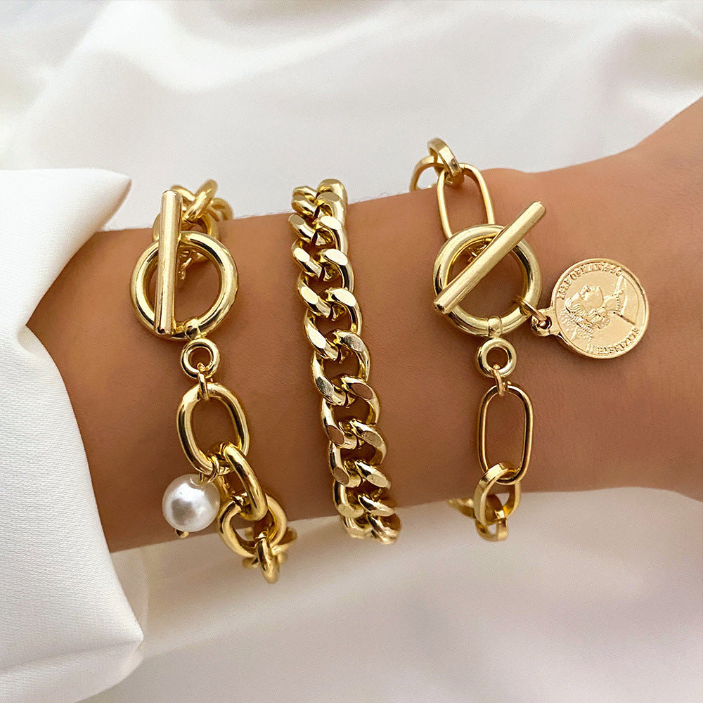 Armband Set Ins Design Nische Perle Liebe Münze Schmuck Damen 3-teiliges Set